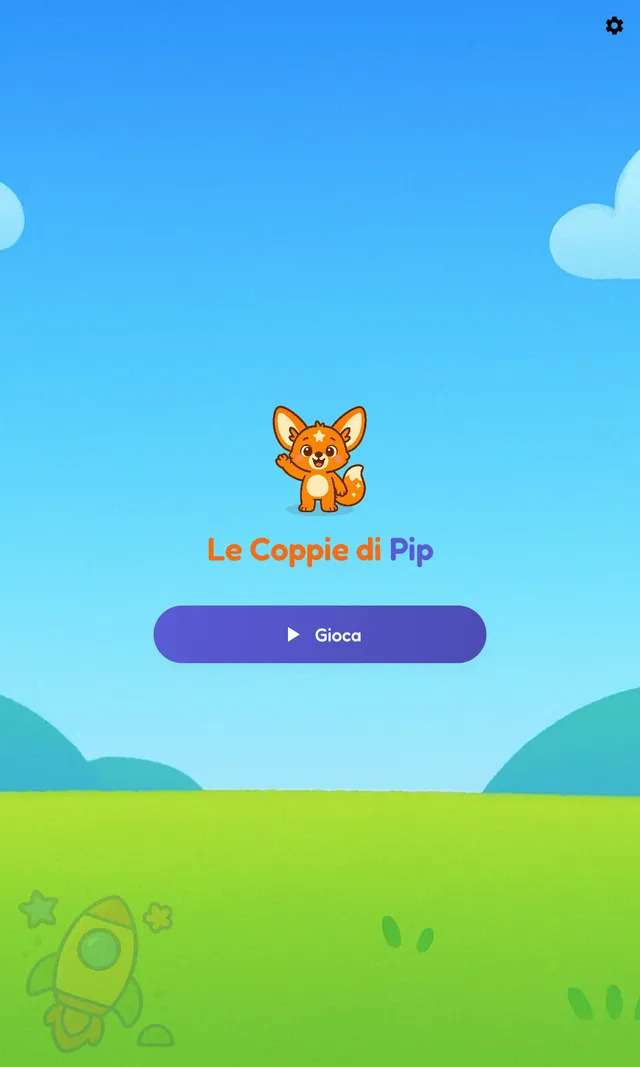 Schermata iniziale di Pip's Pairs con Pip il volpacchiotto fennec che saluta su una collina soleggiata, il logo del gioco e un grande pulsante viola Gioca.