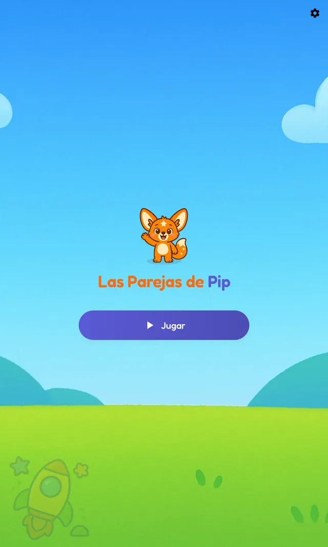 Pantalla de inicio de Pip's Pairs con Pip, el zorrito fénec, saludando en una colina soleada, el logotipo del juego y un gran botón morado de Jugar.