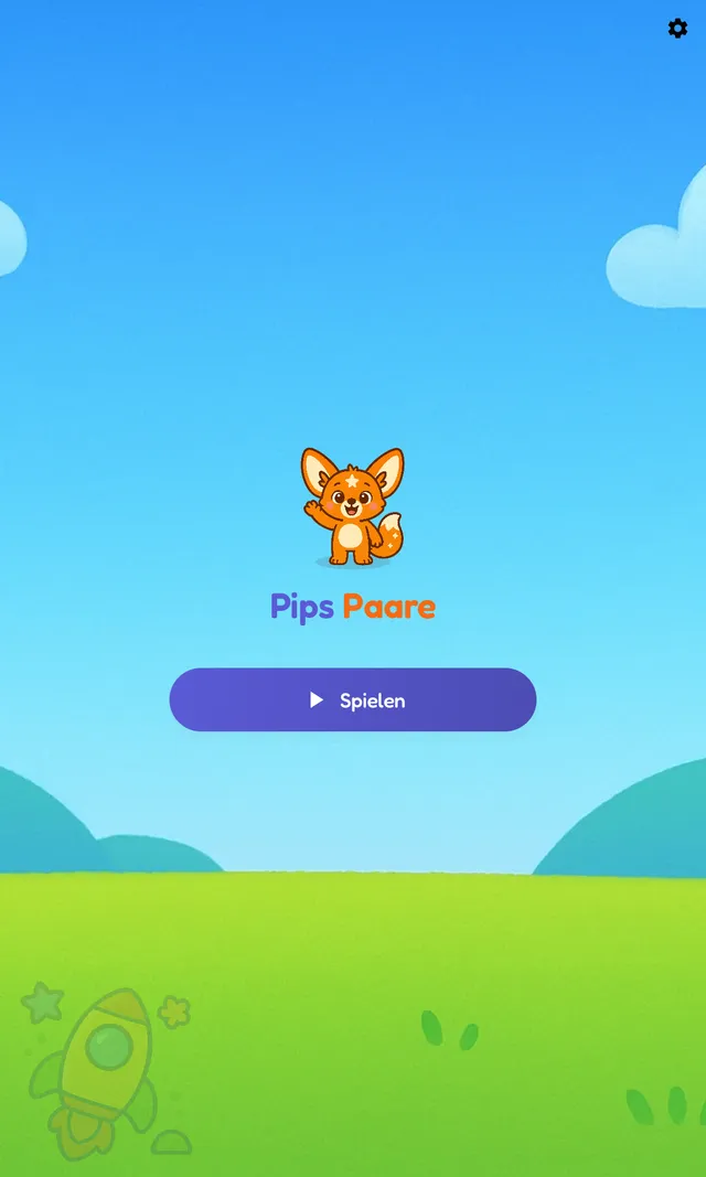 Startbildschirm von Pips Paare mit Fuchswelpe Pip, der auf einem sonnigen Hügel winkt, dem Spiellogo und einem großen violetten Spielen-Button.