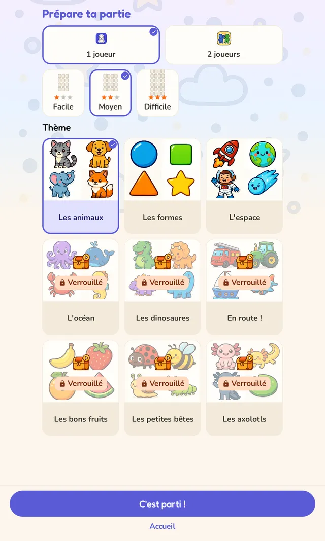 Écran de configuration pour choisir 1 ou 2 joueurs, la difficulté Facile, Moyenne ou Difficile, et un thème de cartes tel que Animaux, Formes, Espace ou Océan, avec plusieurs packs thématiques affichés comme verrouillés.