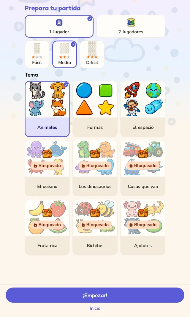 Pantalla de configuración para elegir 1 o 2 jugadores, dificultad Fácil, Media o Difícil, y un tema de cartas como Animales, Figuras, Espacio u Océano, con varios paquetes temáticos mostrados como bloqueados.