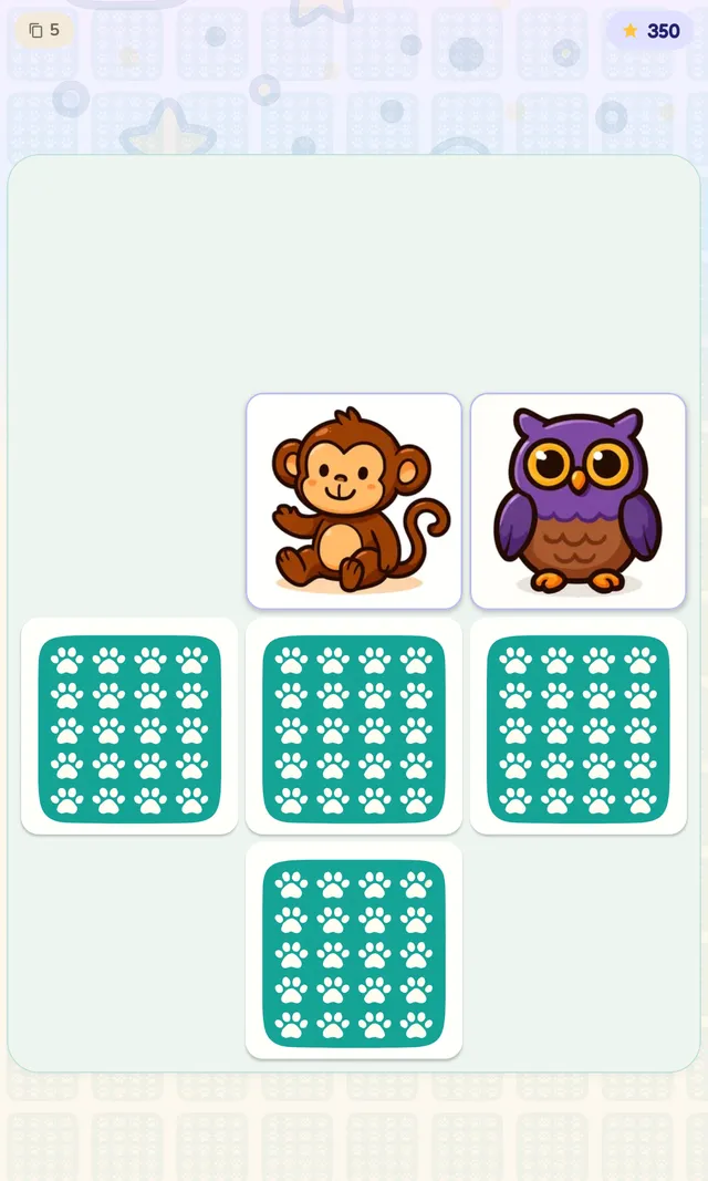 Matching gameplay screen with a grid of face-down teal paw-print cards and two revealed cards showing a monkey and an owl, plus a card-flip counter and star score.