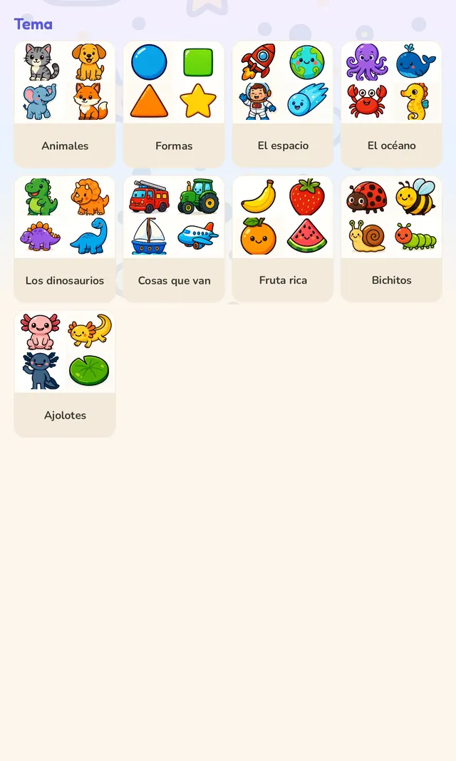 Pantalla de selección de tema con los nueve paquetes de cartas — Animales, Figuras, Espacio, Océano, Dinosaurios, Cosas que se mueven, Frutas ricas, Bichitos y Ajolotes — cada uno mostrado con arte de muestra de las cartas.